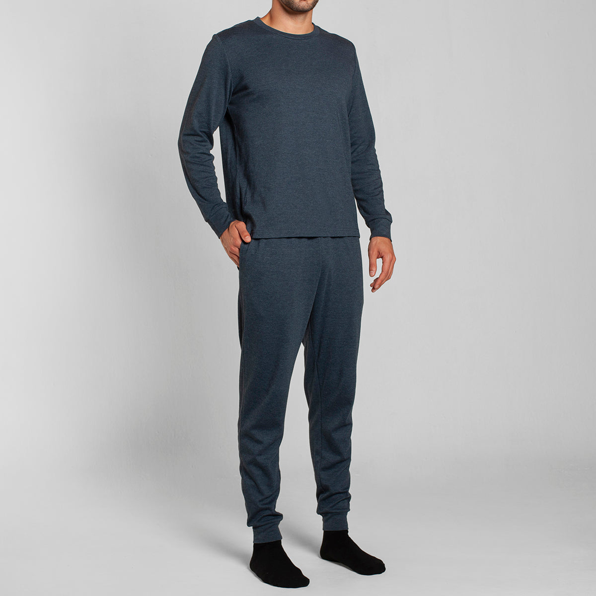 Monarch - Pijama Algodón Manga Larga Pantalon Liso Azul Melange