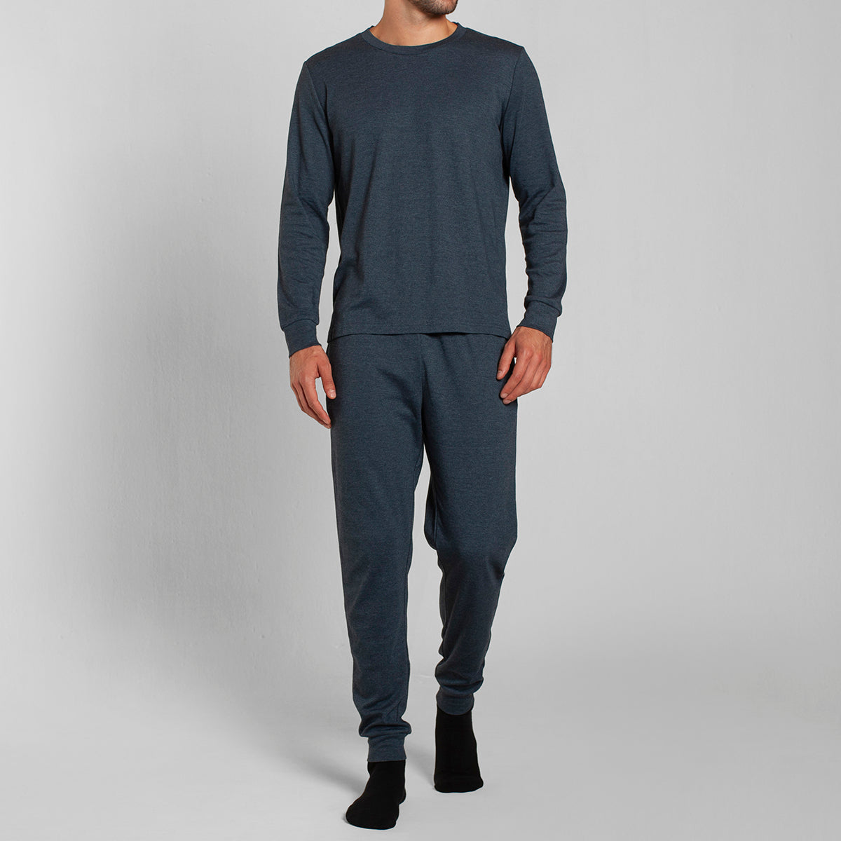 Monarch - Pijama Algodón Manga Larga Pantalon Liso Azul Melange