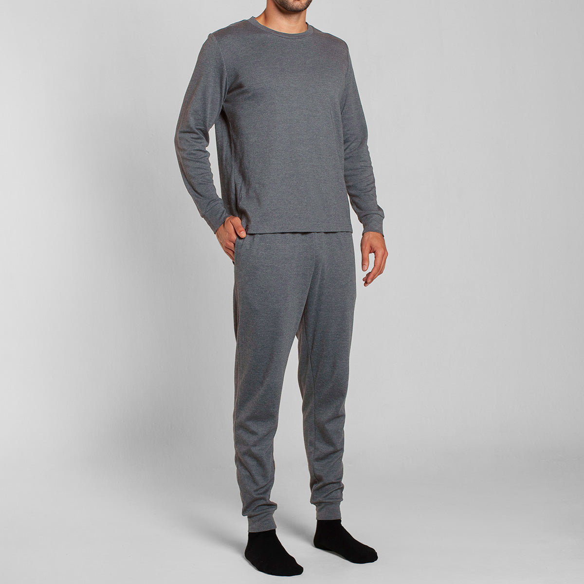 Monarch - Pijama Algodón Manga Larga Pantalon Liso Gris Melange