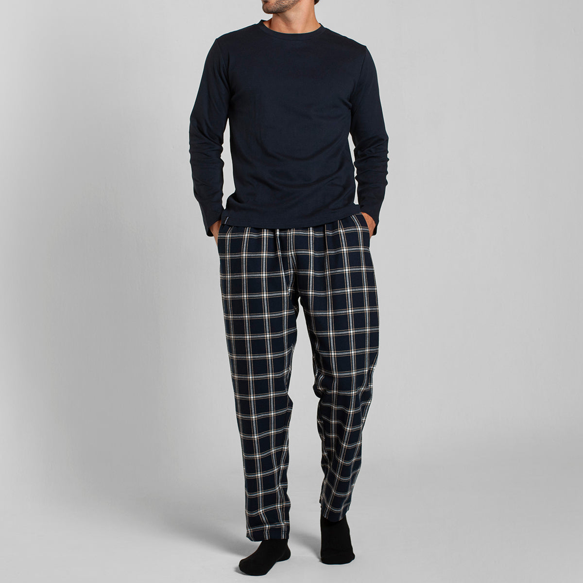 Monarch - Pijama Algodón Manga Larga Pantalón Cuadros Azul Oscuro