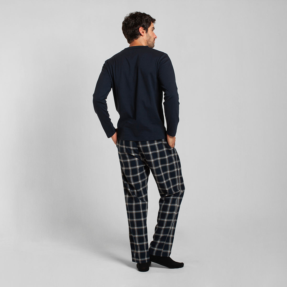 Monarch - Pijama Algodón Manga Larga Pantalón Cuadros Azul Oscuro