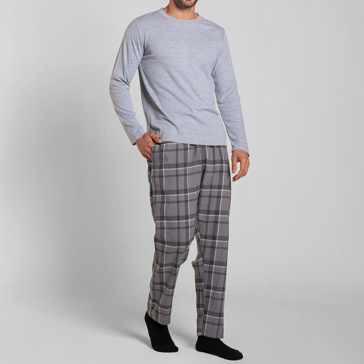 Monarch - Pijama Algodón Manga Larga Pantalón Cuadros Gris Melange