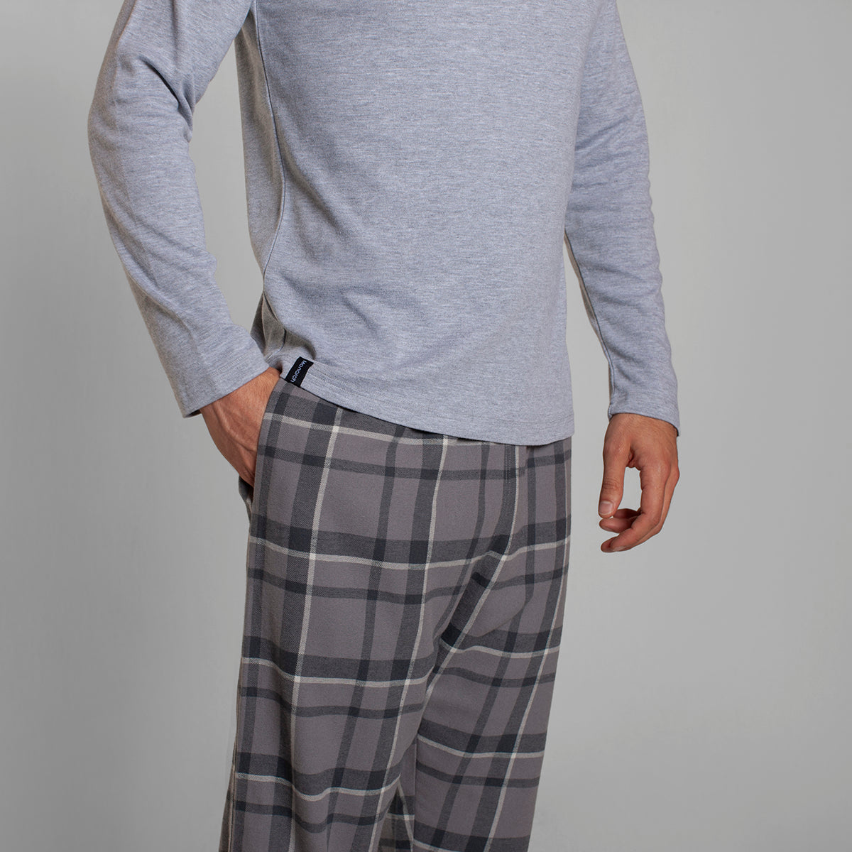 Monarch - Pijama Algodón Manga Larga Pantalón Cuadros Gris Melange