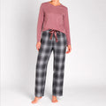 Monarch - Pijama Algodón Manga Larga Cuello V Pantalón Cuadros Rosa