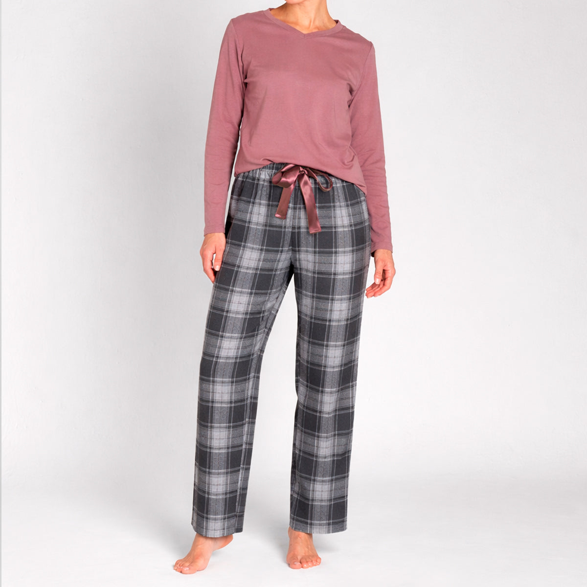 Monarch - Pijama Algodón Manga Larga Cuello V Pantalón Cuadros Rosa