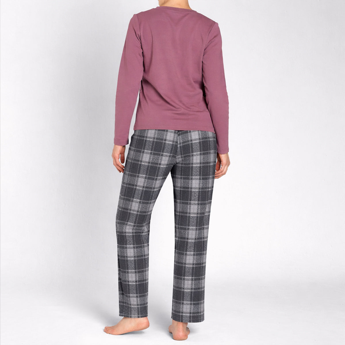 Monarch - Pijama Algodón Manga Larga Cuello V Pantalón Cuadros Rosa