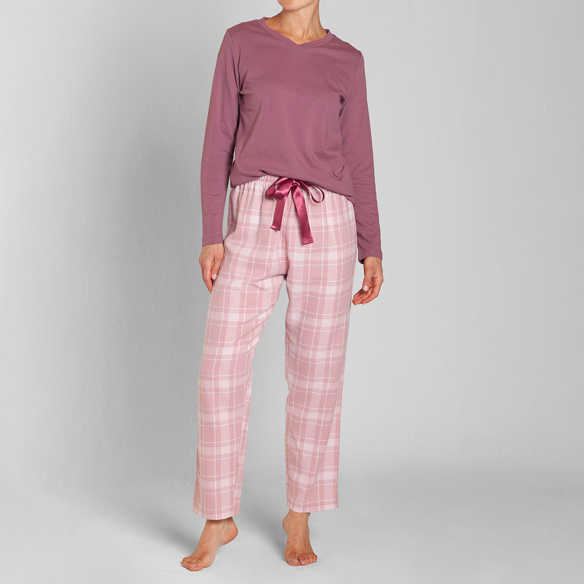 Monarch - Pijama Algodón Manga Larga Cuello V Pantalon Cuadros