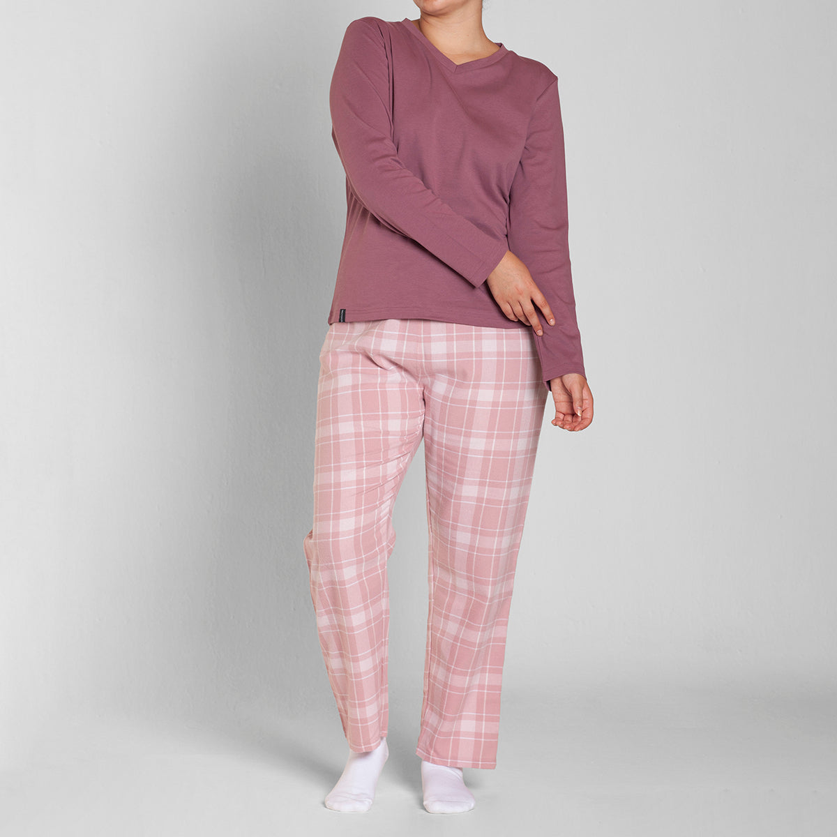 Monarch - Pijama Algodón Manga Larga Cuello V Pantalon Cuadros