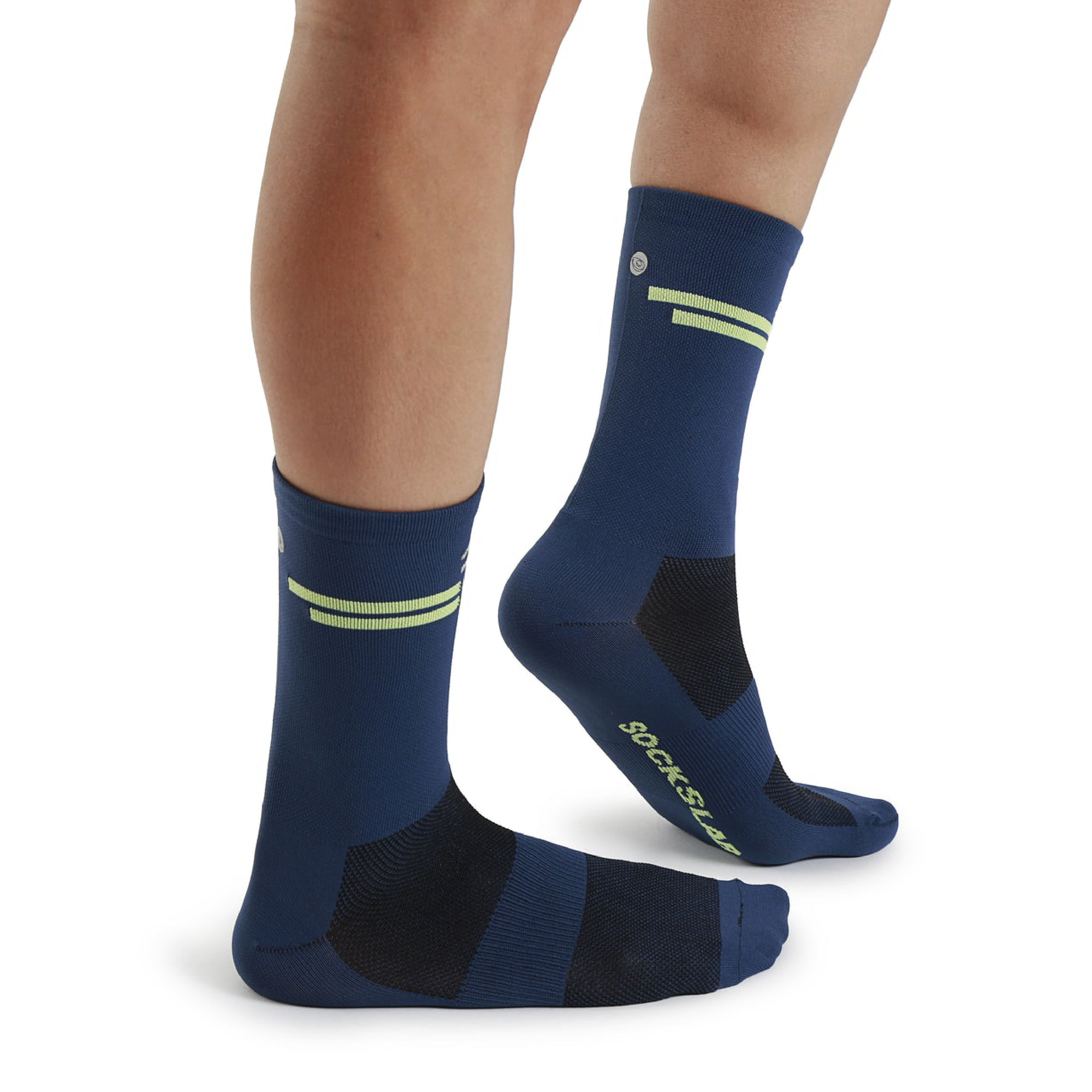 Socks Lab - Calcetín Compresión Performance Crew Blue/Fluor Stripes